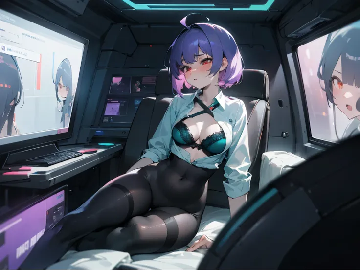 1woman, messy teal hair, red eyes, blushing, enjoyment, thick body, extremely pale skin, wearing unbuttoned orange futuristic uniform shirt, lacy purple bra, black dildo inserted into pussy, thigh high pantyhose, sci-fi spaceship apartment, blue holographi...