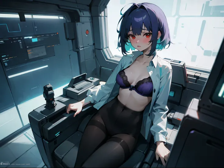 1woman, messy teal hair, red eyes, blushing, enjoyment, thick body, extremely pale skin, wearing unbuttoned orange futuristic uniform shirt, lacy purple bra, black dildo inserted into pussy, thigh high pantyhose, sci-fi spaceship apartment, blue holographi...