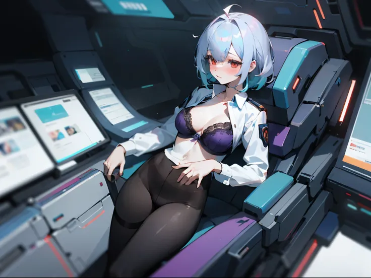 1woman, messy teal hair, red eyes, blushing, enjoyment, thick body, extremely pale skin, wearing unbuttoned orange futuristic uniform shirt, lacy purple bra, black dildo inserted into pussy, thigh high pantyhose, sci-fi spaceship apartment, blue holographi...