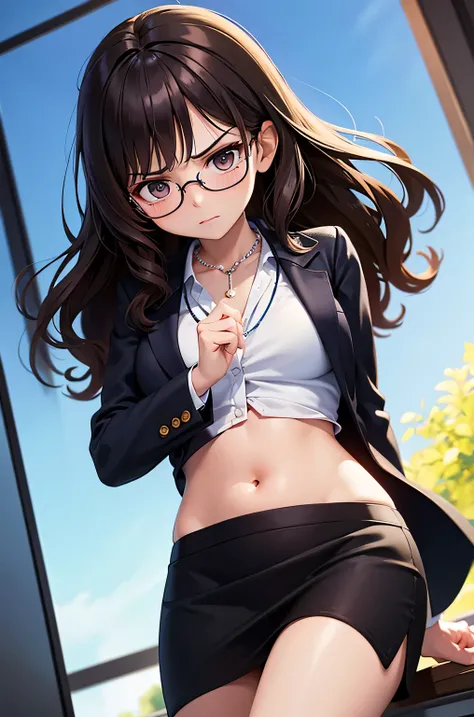 super fine illustration, vibrant colors, masterpiece, sharp focus, best quality, depth of field, cinematic lighting, ultra detailed, business jacket, office lady, 1 woman, solo, midriff, tummy, belly button, navel, ceiling, close up, looking at self, curly...