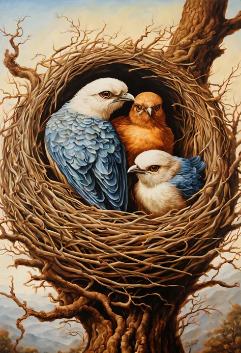 Style of Octavio Ocampo., Octavio Ocampo Metamorphic painting, bird&#39;nest, Optical illusions, full compliance with Style of Octavio Ocampo., double exposure, double content