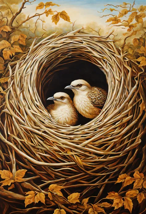 Style of Octavio Ocampo., Octavio Ocampo Metamorphic painting, bird&#39;nest, Optical illusions, full compliance with Style of Octavio Ocampo., double exposure, double content