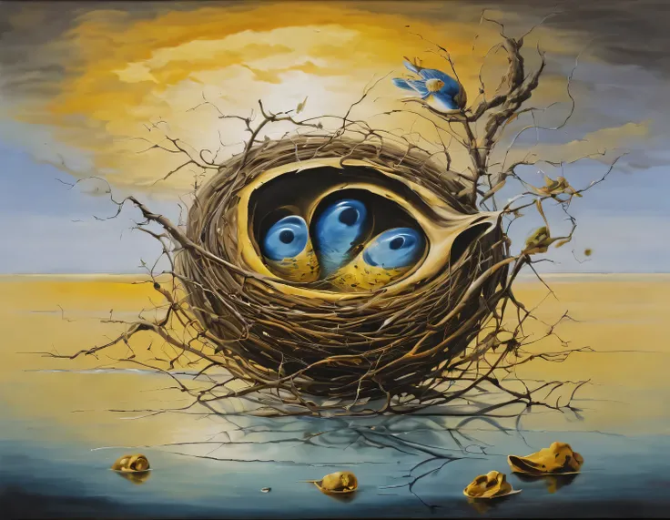 Oil painting in the style of Salvador Dali.., I have a nest, full compliance with the style of Salvador Dali, high detail, oil painting on canvas