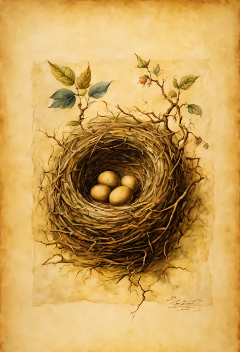 Painting Leonardo da Vinci "A nest of nightingales", Full compliance with the style of Leonardo da Vinci, draw on old parchment, ink