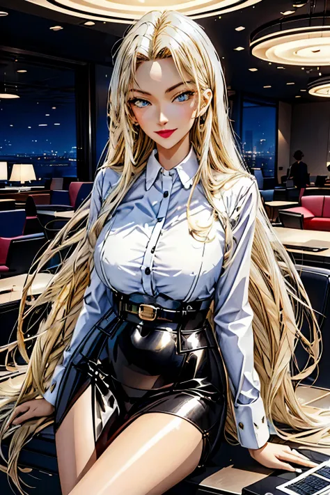 A super sexy secretary, seductive, perfect figure, masterpiece:1.2, high-quality, high-resolution, golden long hair, confident smile, beautiful detailed eyes, professional office attire, sharp focus, soft lighting, vibrant colors, highly detailed backgroun...