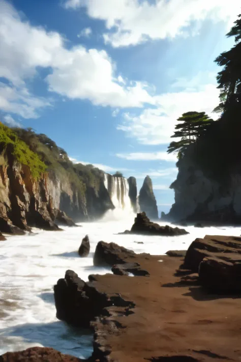 rocky coast, near the shore there is a rocky cliff on which there is a waterfall