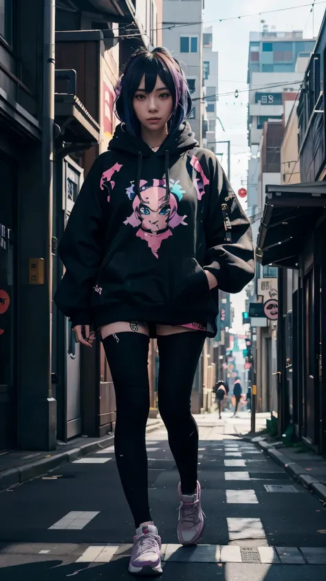 anime girl walking down a street in a city with buildings, cyberpunk anime girl in hoodie, anime art wallpaper 8 k, anime style 4 k, urban girl fanart, artwork in the style of guweiz, 4k anime wallpaper, anime style. 8k, cyberpunk anime girl, modern anime ...