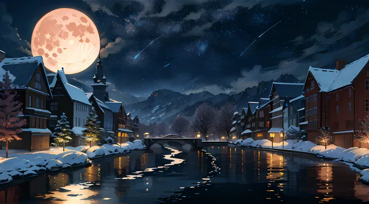 River painting of stars and moon in the sky, Concept art inspired by Mitsuhiro Tosa, pixiv contest winners, best quality, fantasy art, beautiful anime scene, A bright moon, 月光下的starry sky环境, dream painting, anime background Art, fantasy landscape art, fant...