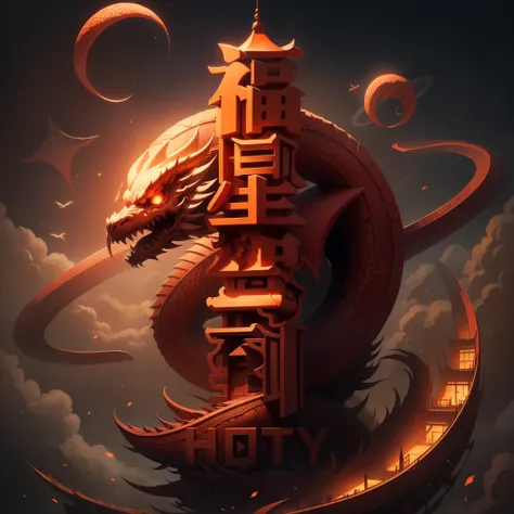 The flying dragon hovers over the Chinese-style building，Huangzi，totem，masterpiece，Complex patterns build up to the highest quality，Super detailed。Red element。，glow in the dark，lantern，simple