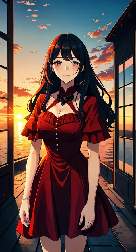 girl in red dress, sunrise