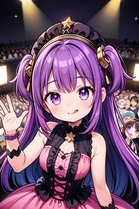 Ai Hoshino, Gloves, Tongue sticking out, Tongue, long hair, Star (symbol), watch audience, (purple hair: 1.2), purple eyes, Upper body, hair accessories, Ruffles, pink shirt, Smile, sleeveless, shirt, Idol, symbol shaped pupil, Raise your hand, Bangs, One ...