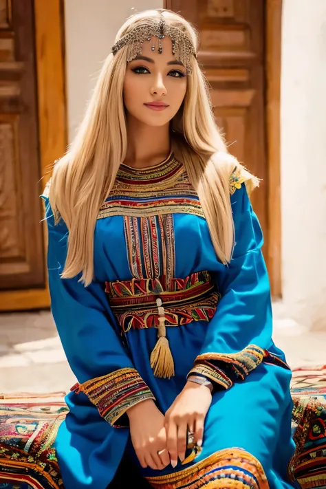 beautiful blonde amazigh lady, wearing kabyle dress, berber, robe kabyle, realistic, pretty, tizi ouzou, robekabyle, femmekabyle...