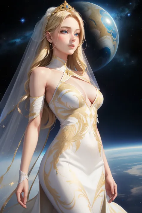 (masterpiece, best quality), 1girl, blonde beauty, canvas, space travel theme, space-patterned wedding dress, realistic style,

The blonde beauty gracefully poses against the backdrop of a vast, starry canvas. Her wedding dress, intricately designed with s...