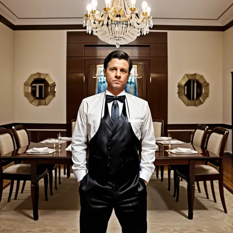 A man in a tuxedo stands in front of a dinner table with a full table setting.. He&#39;s wearing a white tie, hands in pockets.. 
There is a chandelier in the background, and the room is ready for a formal dinner..
