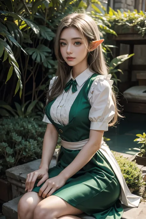 very beautiful half elf maid in green and silver clothes