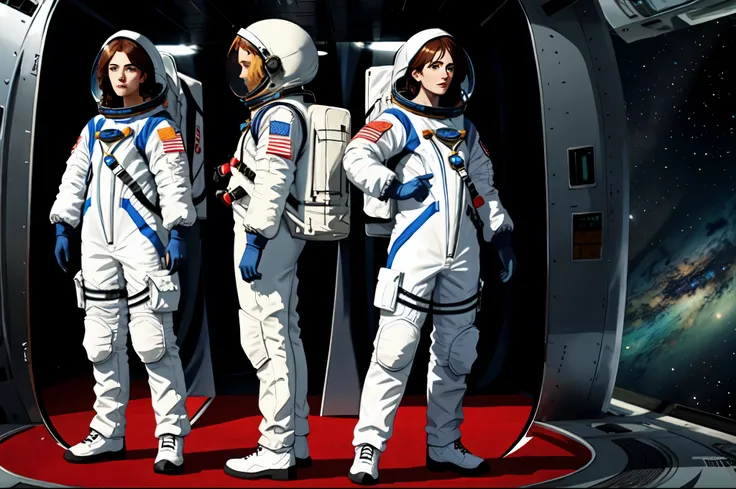 there are three people in space suits standing next to each other 