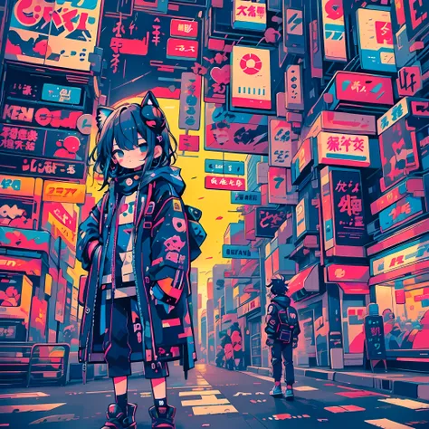 Un enfant avec un masque marche dans les rues de Tokyo. The city is inspired by Cyberpunk. Les letters japonaises et les neons de la ville. L&#39;enfant porte un manteau et un masque. style : mangas, Cyberpunk. Le soleil se couche, coucher de soleil. nuit....