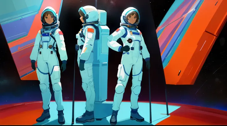 there are three people in space suits standing next to each other, forest