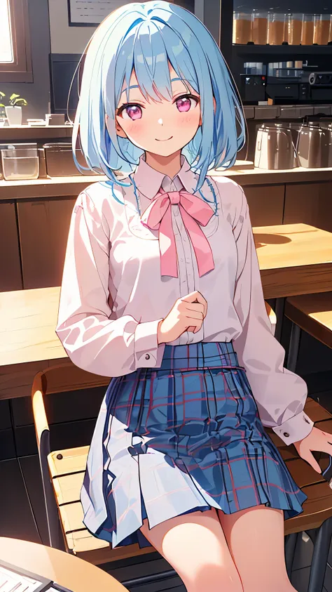 masterpiece、highest quality、1 girl、calm expression、(((16 year old girl、light blue hair、round pink eyes、smile、blush、small breasts、White blouse shirt、plaid skirt)))、(sitting in a chair)、((bright indoors、Cafe))、(sharp focus) :1.2)、Professional Writing、photon ...