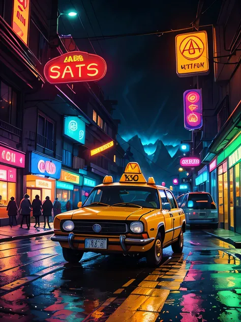 taxi car, Retro, Full Color, Multicolor, Artistic, Superior Detail, Super Quality, Fine Details, Highlights, Neon Lights, 8k, Masterpiece, City Night, Neon Lights, Wet Road, Mountains, Forest,