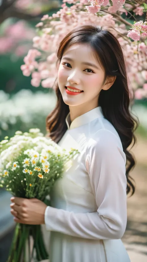 aodai, smile, photographed on a nikon z7 ii mirrorless camera,120mm f/4 wide-angle
a woman in a pink dress  with flowers in it a...