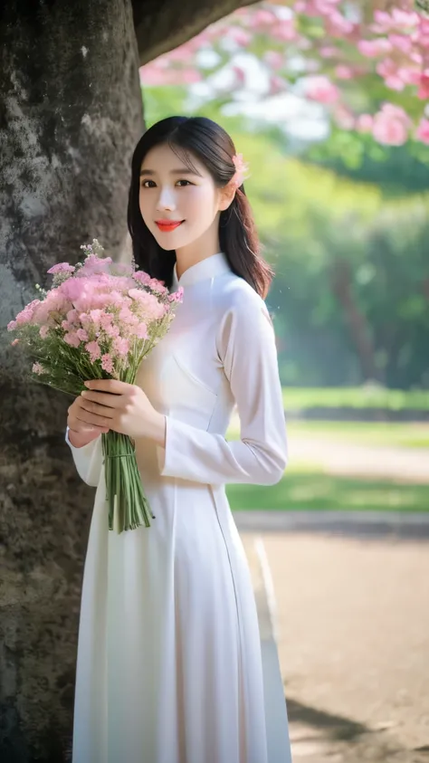 aodai, smile, photographed on a nikon z7 ii mirrorless camera,120mm f/4 wide-angle
a woman in a pink dress  with flowers in it a...