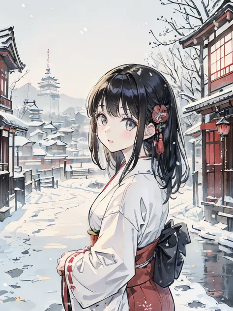 A girl in a kimono in a snowy town、Pure white scenery、Asakusa、black hair、Japanese style painting、Downtown Kyoto