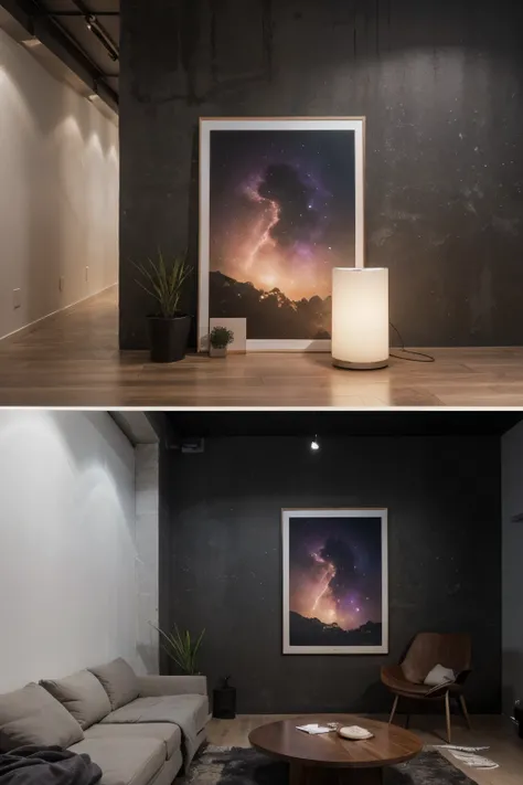 ((best quality)), ((masterpiece)), (detailed), Midjourney Style, Create a cosmic purple theme wall frame mockup featuring five small rectangle in the same wall same picture with topic dark theme cosmic purple universe artworks . The mockup should showcase ...