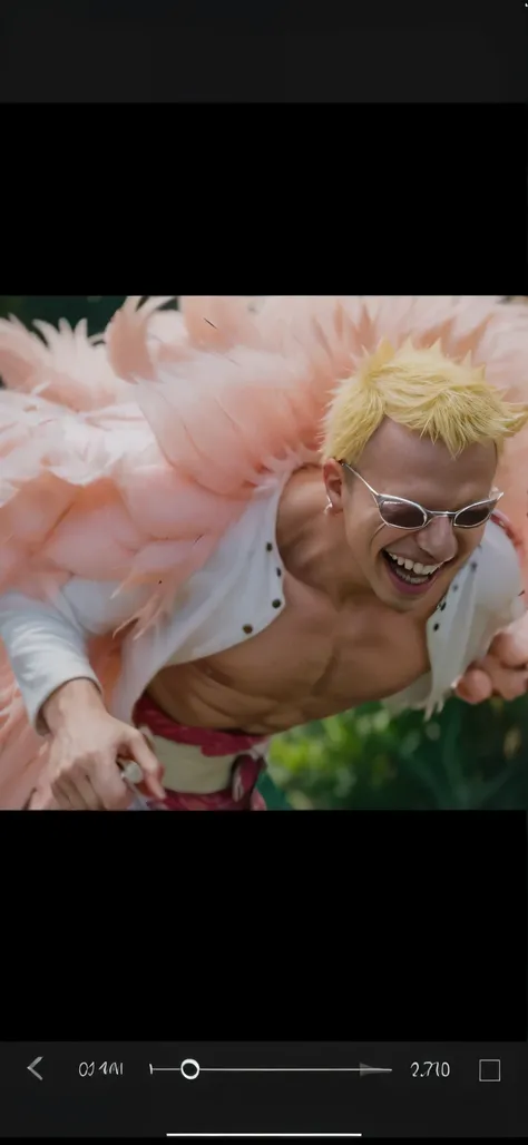 (masterpiece), (realistic), (ultra detailed), ( high reest quality), (photorealistic), (perfect face), (perfect anatomy), man, male, solo, (((40 years old))), donquixote doflaminho from one piece, donquixote doflamingo, one piece, yellow hair, (((upward sp...