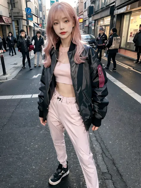 fullbody, (((wearing riders jacket ))),  Bewitching eyes, well-balanced eyes, //street snap // ((facing viewer)), //at the street, //japanese lady, pale skin, //permanent wave, pink hair, //((standing)), high quality:1.3, Professional lighting:2.0 realisti...