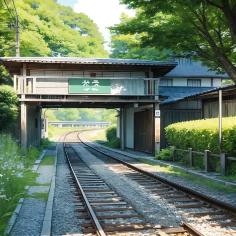 (minimalism:1.4),line, Art at Studio Ghibli, Summer scenery、shade of a tree、Railroad crossing