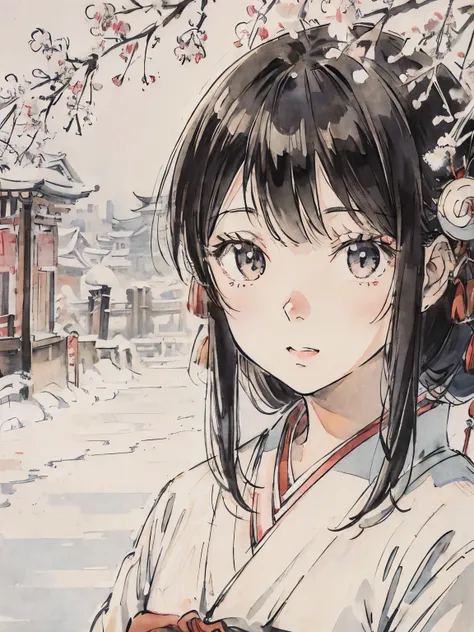 a girl in a kimono in a snowy town、pure white scenery、asakusa、black hair、japanese style painting、downtown kyoto、close up of face