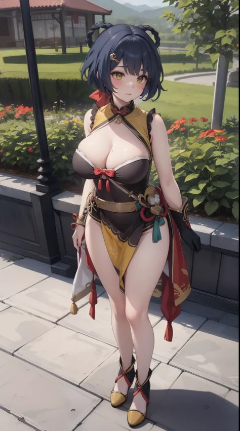 xiangling (genshin impact),1girl,blue hair, short hair, thick eyebrows, hairclip, hair rings, braid, yellow eyes, (Beautiful,Huge_Breasts:1.5),
BREAK
, 1girl, solo, Standing in the garden, Eye-level shot, full body, full figure,
BREAK
, Garden,
BREAK
, bow...