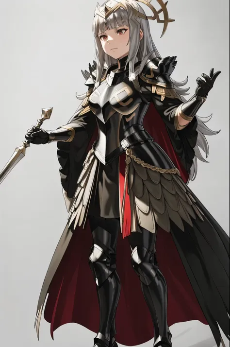 holding staff,bra_veronica, armor,black armor, feathers,cape, closed mouth, black gloves,  shoulder armor, breastplate, high hee...