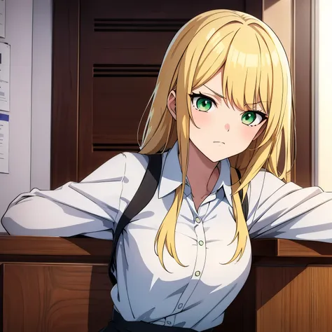 1 anime version girl blonde green eyes dressed as a student with a serious look confident posture