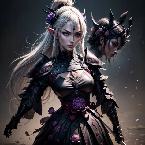 Dark Elf wearing Gothic armor and katanas, samurai, cabelos longos cinzas, magnifica, serious facial expression, Lotus flower drawn on kimono, magnifica, 8k, posicionamento central, dramatic scene.