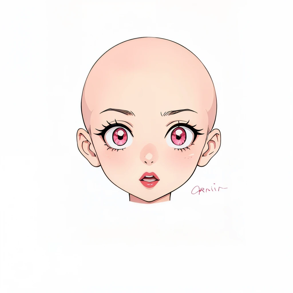 Masterpiece, Best quality, High resolution, Extremely detailed. Anime girl. Bald head, pink eyes, big open mouth, red lips. White backgroun