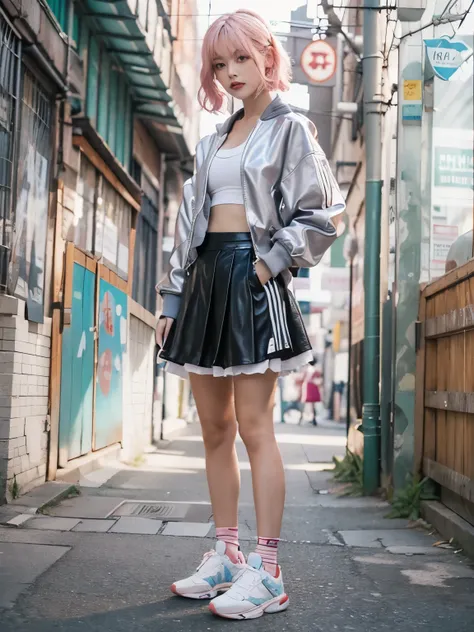 wearing adidas leather track jacket, wearing long skirt, kawaii, Bewitching eyes, well-balanced eyes, //street snap //fashion model posing, ((facing viewer)), //at the street, //japanese lady, pale skin, //pink hair, //((standing)), high quality:1.3, Profe...