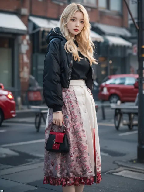 wearing black PARKA SHELL M-1951, wearing black long skirt, (((red accessories))),Bewitching eyes, well-balanced eyes, //street snap //fashion model posing, ((facing viewer)), //at the street, //japanese lady, pale skin, //blonde hair, //((standing)), high...