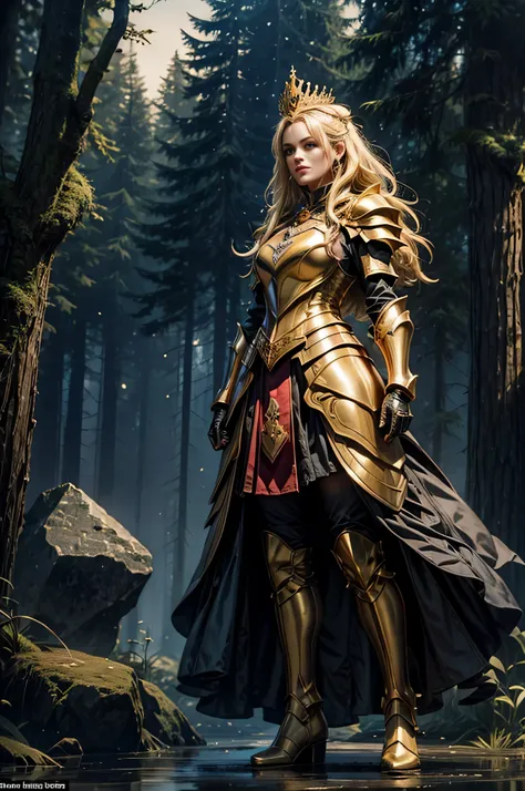 full body shot A princess, gold, wearing knight, armor, knight, boots, a beautiful serious aristocratic, crown on his, forest on a misty moonlit night, She, long blonde, blue, red lips