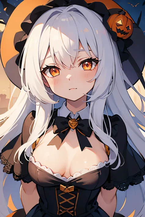 (((masterpiece))), top quality, super detailed, blush, Cute and playful, big breasts, Halloween dresses, white hair, orange eyes,Fluffy hairstyle,  pleasant eyes, expression of goodwill