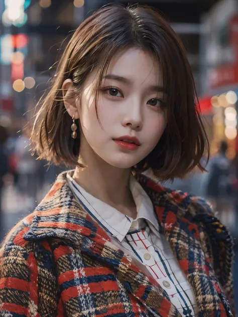 wearing red checkered long coat, Bewitching eyes, well-balanced eyes, //street snap // ((facing viewer)), //at the street, //japanese lady, pale skin, //short hair //((standing)), high quality:1.3, Professional lighting:2.0 realistic:1.2, 4k resolution, de...