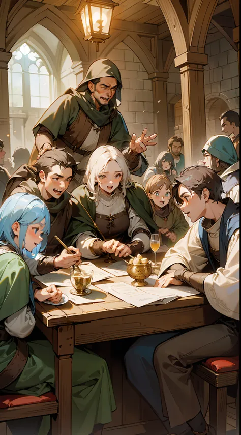 masterpiece, best quality, A group of adventurers, celebrating in a middle Ages tavern, fantasy, middle Ages, beautiful detailed brilliance.