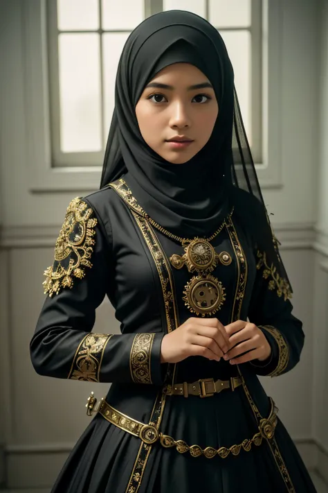 Craft a photorealistic scene of a Malay girl in hijab as an intrepid explorer in a steampunk world. Showcase intricate gears, Victorian-inspired fashion, and a sense of adventure in this alternate reality, 8mm lens, Extreme close-up, pastel color grading, ...