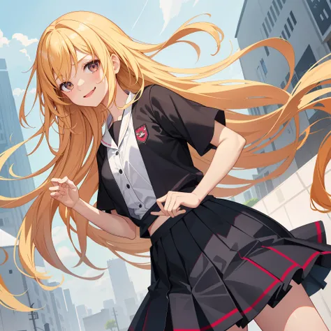 1girl in、AS-Adult、glad、But、angry、Smiling、put out the tongue、（Akkanbe）The shirt、skirt by the、（）Chilarism、Japan High School Student Uniform、serafuku、summer clothing、（Sheer Bra）、Upper body portrait、the wind、flat breasts, blonde hair