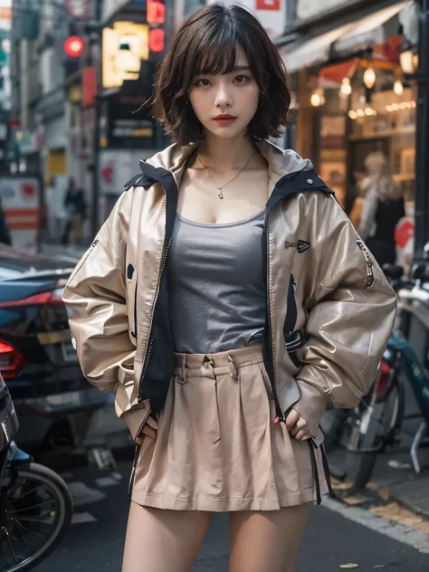 wearing  leather track jacket, wearing long skirt, kawaii, Bewitching eyes, well-balanced eyes, //street snap //fashion model posing, ((facing viewer)), //at the street, //japanese lady, pale skin, //short hair, //((standing)), high quality:1.3, Profession...