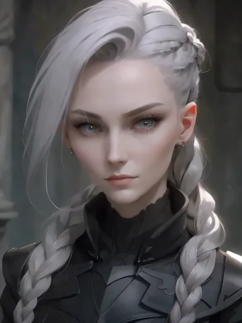 Портрет. Cassandra is a tall young woman with pale skin., gray eyes and white wavy hair with gray streaks, braided into a high ponytail with many small braids. Two strands of hair and asymmetrical bangs go down the sides of the face