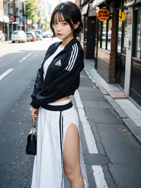 wearing adidas black track jacket, wearing long skirt, kawaii, Bewitching eyes, well-balanced eyes, //street snap //fashion model posing, ((facing viewer)), //at the street, //japanese lady, pale skin, //short hair, //((standing)), high quality:1.3, Profes...