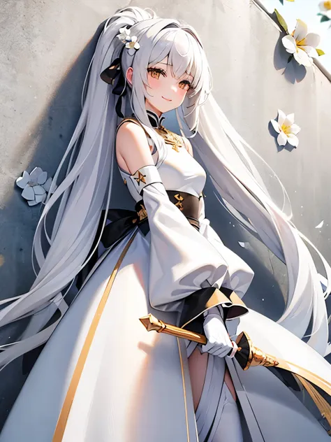 ((gray hair:1.2)),(fluffy long hair:1.3),(hair with volume:1.25),(big ribbon:1.3),(white eyes:1.4),(eye size:1.5),(ponytail:1.3)...