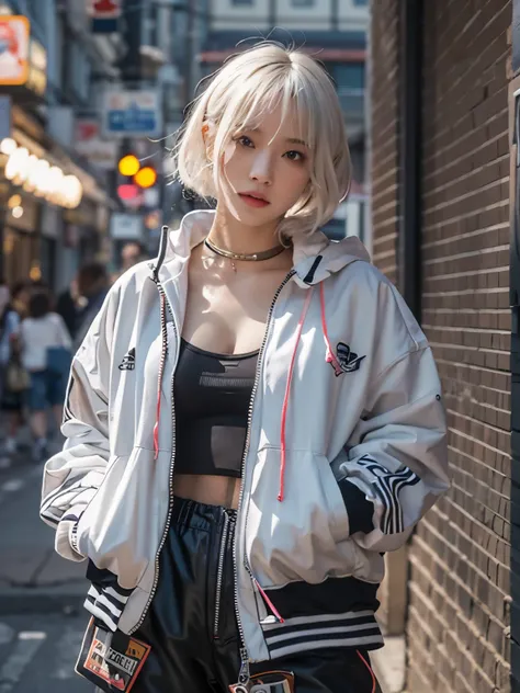 wearing adidas black track jacket, wearing big workpants, kawaii, Bewitching eyes, well-balanced eyes, //street snap //fashion model posing, ((facing viewer)), //at the street, //japanese lady, pale skin, //short hair, white hair, //((standing)), high qual...